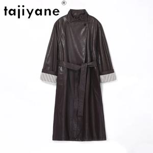 TAJIYANE 정품 가죽 자켓 여성용 오버사이즈 오버코트 세미 베지터블 태닝 양가죽 롱 가죽 트렌치 코트 112cm 커피