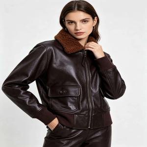 다크 브라운 가을 가죽 자켓 여성 레트로 스타일 플러스 사이즈 3XL 정품 천연 소가죽 울 칼라 밀리터리 G1 플라이트 코트