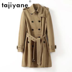 TAJIYANE 탑 레이어 염소 스웨이드 정품 가죽 자켓 여성 벨트 자켓 슬림 피트 가죽 아우터 라펠 롱 트렌치 코트 89cm