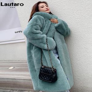 Lautaro 여성용 롱 루즈 캐주얼 방풍 코트, 부드럽고 두껍고 따뜻한 푹신한 그린 블랙 인조 모피 코트, 후드 모피 오버코트 2023