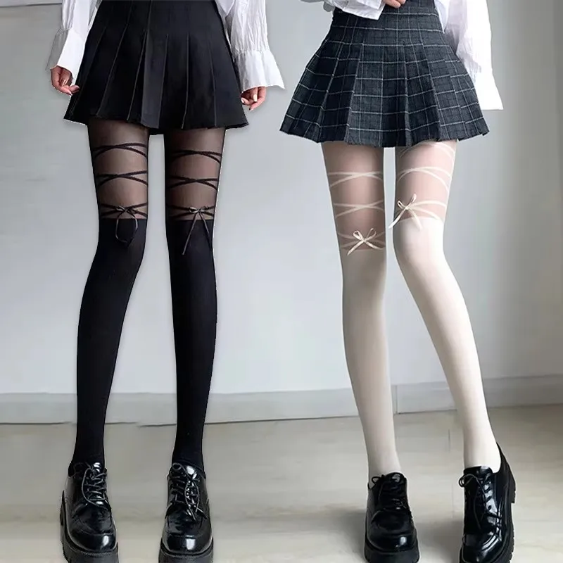얇은 스타킹 여성 Bowknot 스트랩 로리타 귀여운 팬티 스타킹 소녀 긴 스타킹 양말 여성을위한 블랙 화이트 섹시한 란제리