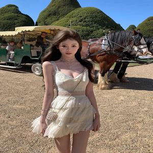 레트로 레이스 트림 스플라이스 스트랩 드레스 여성용 하이웨이스트 슬림 케이크 스커트 여름 신상 한국 스타일 V넥 A라인 미니 드레스