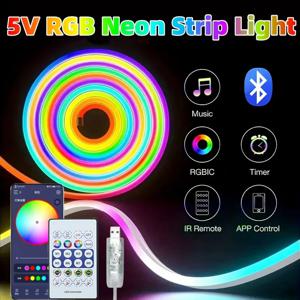 5V 드림 컬러 RGBIC 네온 LED 스트립 USB 전원 블루투스 앱 음악 동기화 로프 조명 (파티, 크리스마스, 침실 무드등)