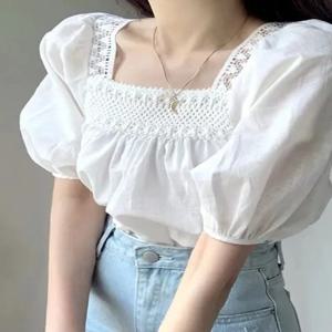 시크 썸머 솔트 시리즈 안티에이징 레이스 홀터넥 스퀘어 칼라 버블 반팔 루즈핏 돌 셔츠 여성 한국 스타일 루즈핏