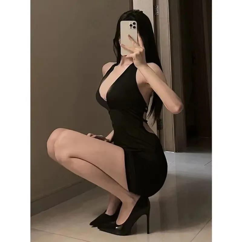 여성 섹시 홀터 백리스 슬림 V넥 랩 블랙 파티 나이트 미니 드레스