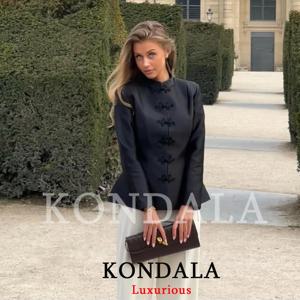 KONDALA 빈티지 세련된 여성 블레이저 블랙 솔리드 스탠드 칼라 버튼 긴 소매 스트레이트 블레이저 패션 2026 봄 여름 아웃웨어