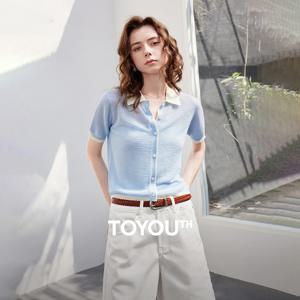 TOYOUTH 여성용 경량 슬럽 린넨 풀오버 2026 여름 신상 시어 컬러 블록 폴로넥 니트 탑