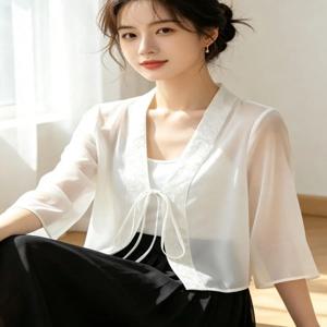 새로운 중국 스타일 짧은 쉘 아우터 여성 여름 자외선 차단 패셔너블한 스커트 에어컨 셔츠 포켓 손수건