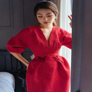 재단사 가게 봄 레드 트위드 드레스 여성 라이트 세미 정장 드레스 라글란 슬리브 디자이너 드레스 가을 드레스