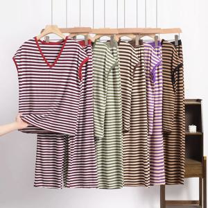 XL~8XL 플러스 사이즈 모달 패션 스트라이프 파자마 세트 반팔 티셔츠 및 바지 여름 경량 홈웨어 2피스 수트