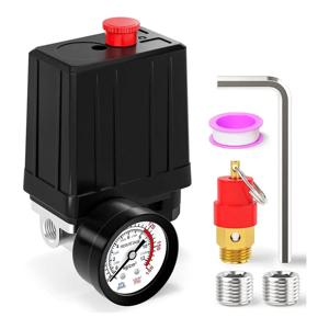 A93E-에어 컴프레서 압력 스위치 키트 4방향, 1/4인치 NPT 인터페이스, 90-120 PSI 범위, 110V-240V 전원 공급 장치, 안전 밸브 포함
