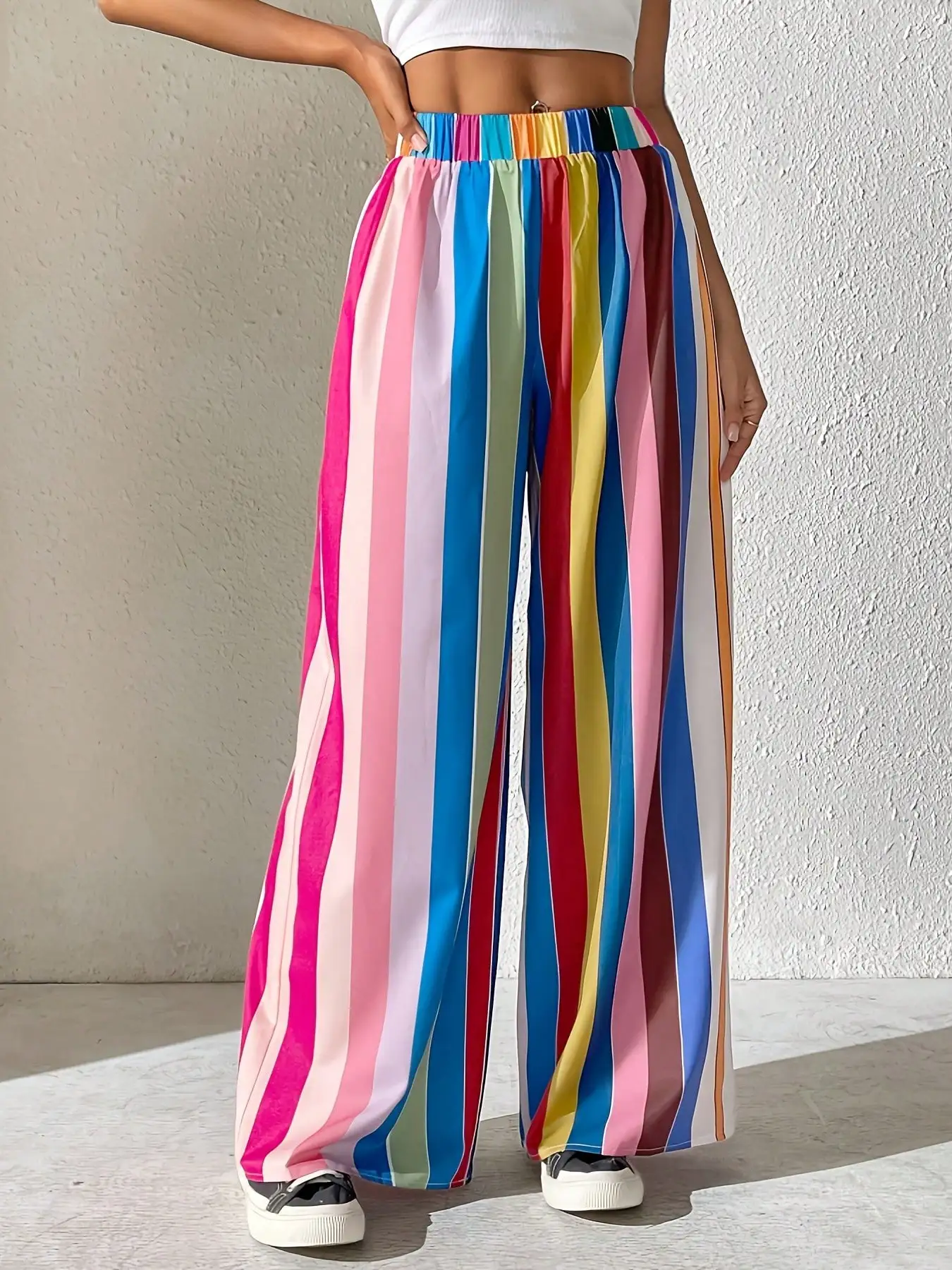 2026 캐주얼하고 우아한 여성 플러스 사이즈 신축성 허리밴드 루즈핏 컬러 스트라이프 편안한 와이드 레그 팬츠 롱 팬츠