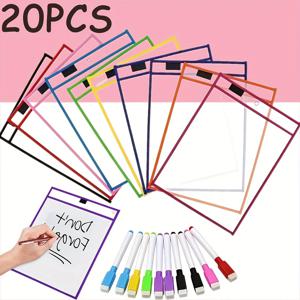 20개 재사용 가능한 드라이 이레이즈 포켓 세트, 초대형 필기용 지우개 포켓, 투명 보호 커버, 교사용 학교 교실 용품(드라이 이레이즈 포켓 10개 + 펜 10개)