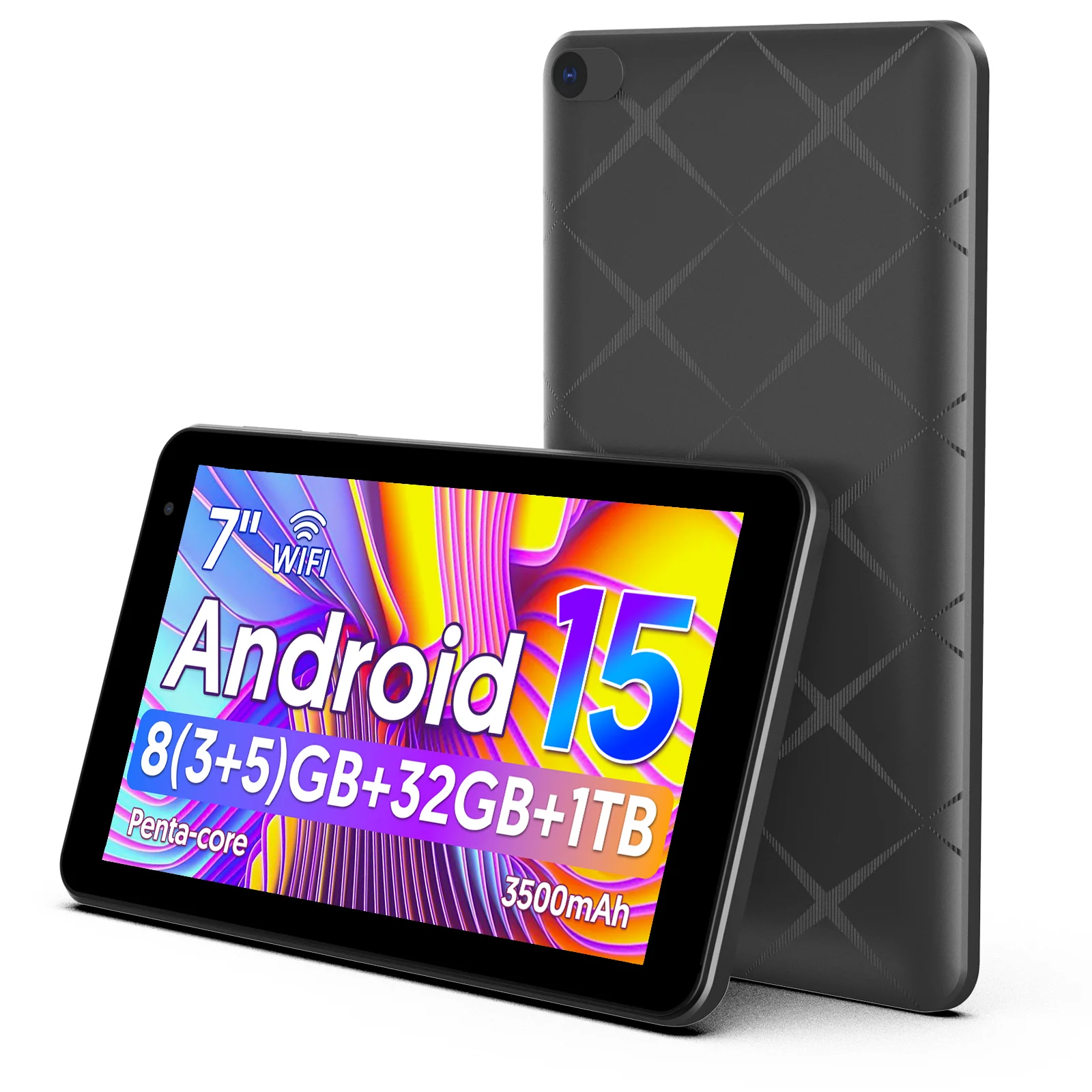 7인치 안드로이드 15 태블릿, 8GB (3+5) 램, 32GB 저장용량, 3500mAh 배터리, HD 1024x600 IPS 디스플레이, 듀얼 카메라, Wi-Fi, 블루투스
