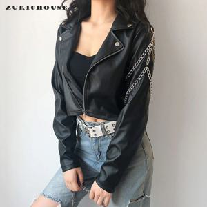 ZURICHOUSE 펑크 가죽 재킷 여성용 2026 봄 스트리트웨어 개성 체인 디자인 긴 소매 인조 가죽 크롭 재킷