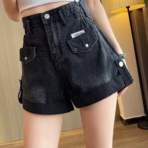 2024 여름 여성 반바지 바지 레이디 하이 웨이스트 루즈 하이 스트리트 데님 바지 여성 streetwear 블랙 그레이 와이드 레그 짧은 청바지