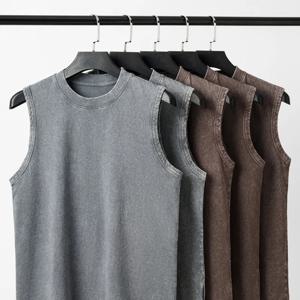 230g 순면 유럽 및 미국 하이 스트리트 레트로 워싱 디스트레스드 슬리브리스 베스트 남성 캐주얼 루즈 숄더 티셔츠