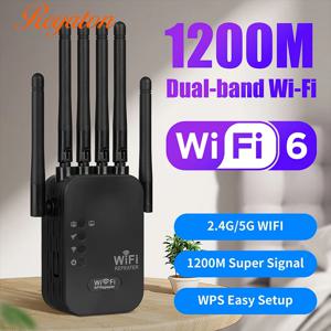 WiFi 리피터 무선 라우터 1200Mbps 2.4G 5G 신호 커버 확장기 고출력 6 안테나 네트워크 증폭기 범위 신호 증폭기