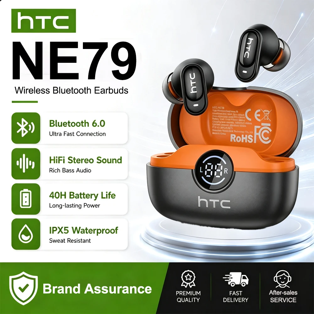HTC NE79 실시간 번역 이어폰 블루투스 HiFi 음악 HD 통화 소음 감소 무선 이어버드 LED 디스플레이 마이크 포함
