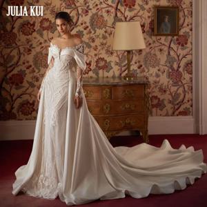 Julia Kui 맞춤 제작 빈티지 레이스 새틴 2 in 1 인어 웨딩 드레스 반짝 이는 파란색 진주 아플리케 뷰티 트럼펫 신부 가운