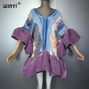 WINYI 여성용 플리츠 탄성 숏 드레스, 우아한 비치 커버업 카프탄 아바야, 두바이 럭셔리 이브닝웨어 무슬림 패션