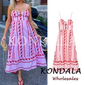 KONDALA 자수 핑크 섹시 속이 빈 빈티지 미디 여성 캐미 여름 드레스 패션 2026 레이스업 드레스 홀리데이 비치 베스티도스