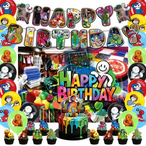 메차 게임 카멜레온 테마 생일 파티 장식 세트 (배너, 풍선, 케이크 토퍼 포함) 호러 스타일 생일 용품