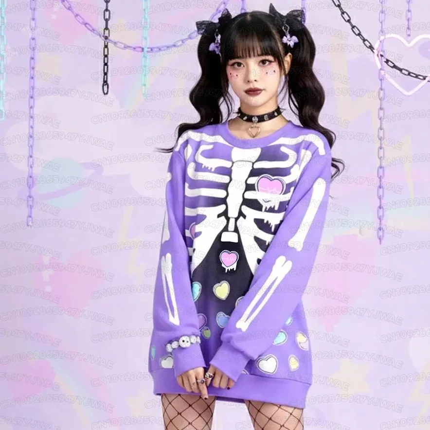 봄과 가을 고딕 힙합 야미 카와이 Y2K 해골 프린트 스트리트 스타일 라운드 넥 캐주얼 긴팔 탑 풀오버