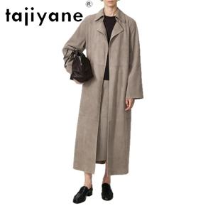 TAJIYANE 양면 염소 스웨이드 정품 가죽 자켓 여성 롱 트렌치 코트 벨트 자켓 시크 맥시 가죽 아우터웨어 126cm