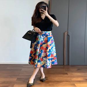 슬리밍 A라인 미디 스커트와 큰 꽃무늬 투피스 세트 여름 우산 스커트 앙상블 텡산 브랜드 새 봄 상품