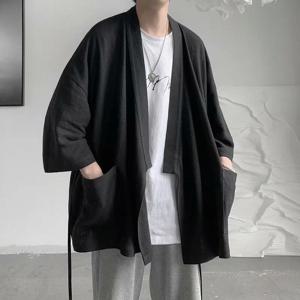코튼 린넨 일본 기모노 가디건, 레트로 일본 스타일 유카타 탑, 빈티지 하라주쿠 기모노 재킷, 캐주얼 남성 유카타 하오리