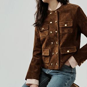 여성용 빈티지 커피 소 스웨이드 재킷, 더블 브레스트, O-넥, 스트레이트, 루즈, 짧은 가죽 코트, 용수철 가을