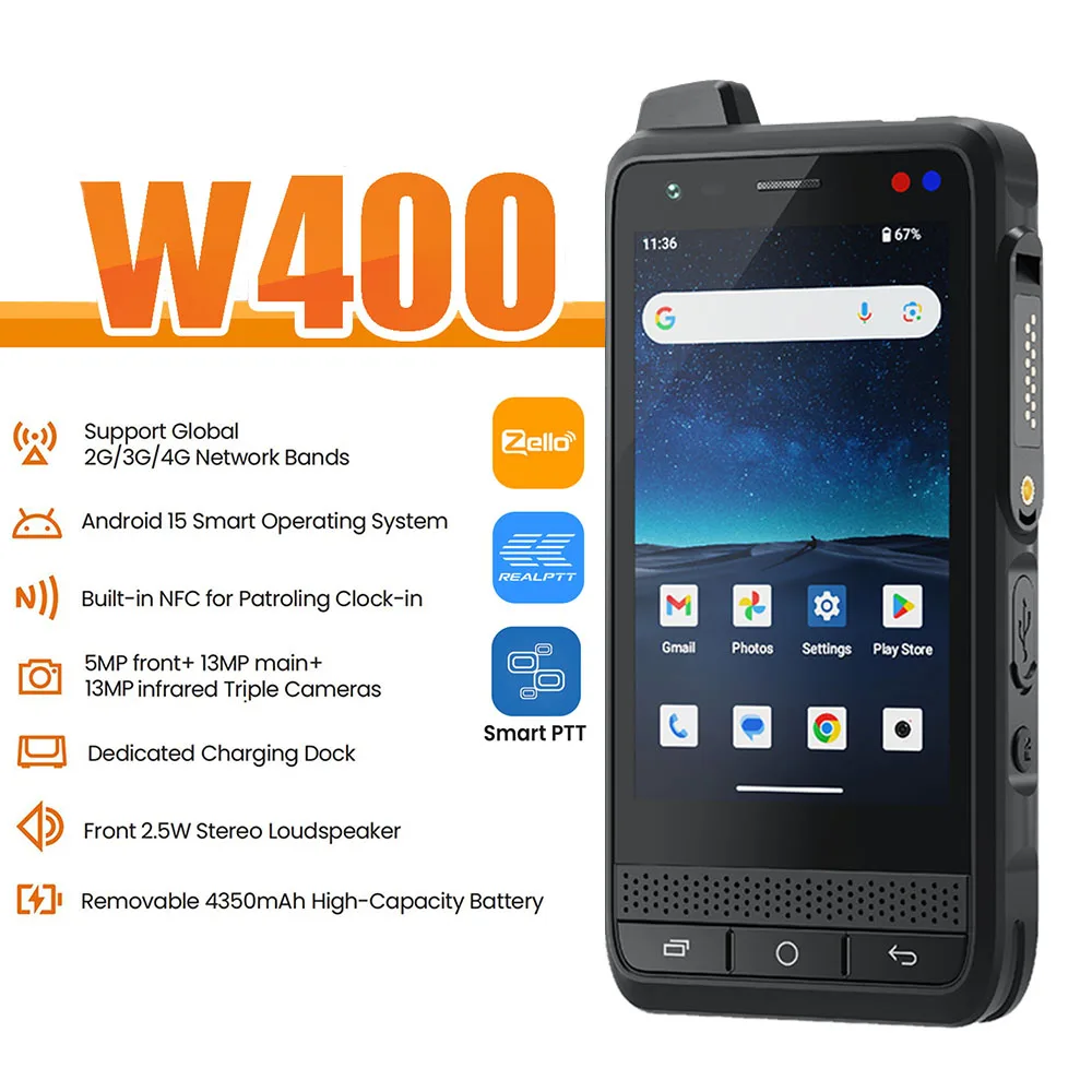 새로운 Anysecu W400 안드로이드 15 4G 네트워크 라디오 잠금 해제 WIFI NFC Poc 무전기 F400 Real-ptt Zello Pocstar과 함께 작동