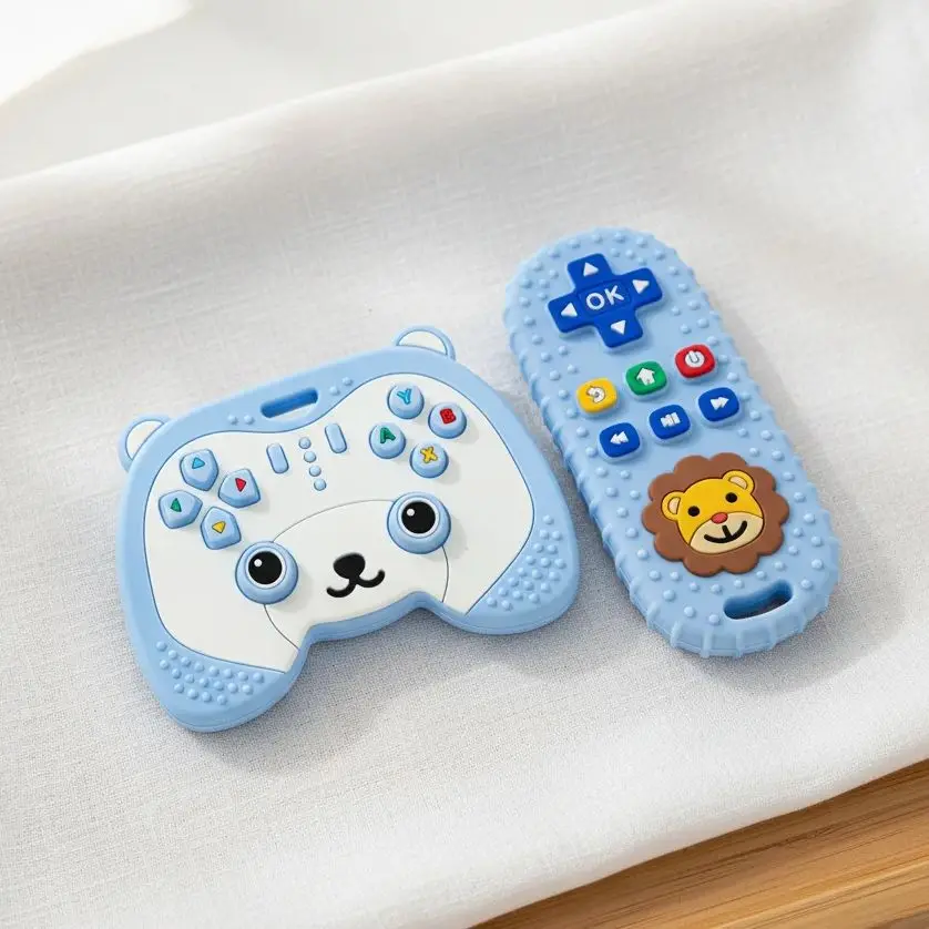 0-6개월, 6-12개월 아기용 실리콘 곰 게임 컨트롤러 & 사자 치발기 세트 2개