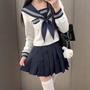 프레피 스타일 JK 유니폼 세트 흰색 세 줄무늬 디자인 네이비 블루 스커트 일본 학교에서 영감을 받은 여학생용 기본 캠퍼스 의상