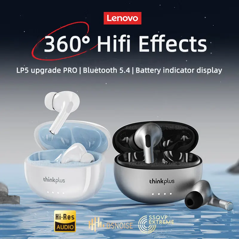 레노버 LP5 Pro 무선 블루투스 5.4 이어폰 TWS HiFi 사운드 헤드폰 이어버드 게임용 스포츠 헤드셋 마이크가 있는 터치 컨트롤