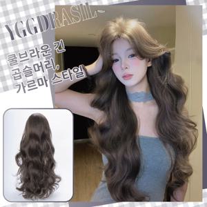 28인치 쿨 브라운 여성스러운 스타일 합성 가발 중간 가르마 긴 자연스러운 웨이브 헤어 가발 여성용 데일리/파티용 내열성