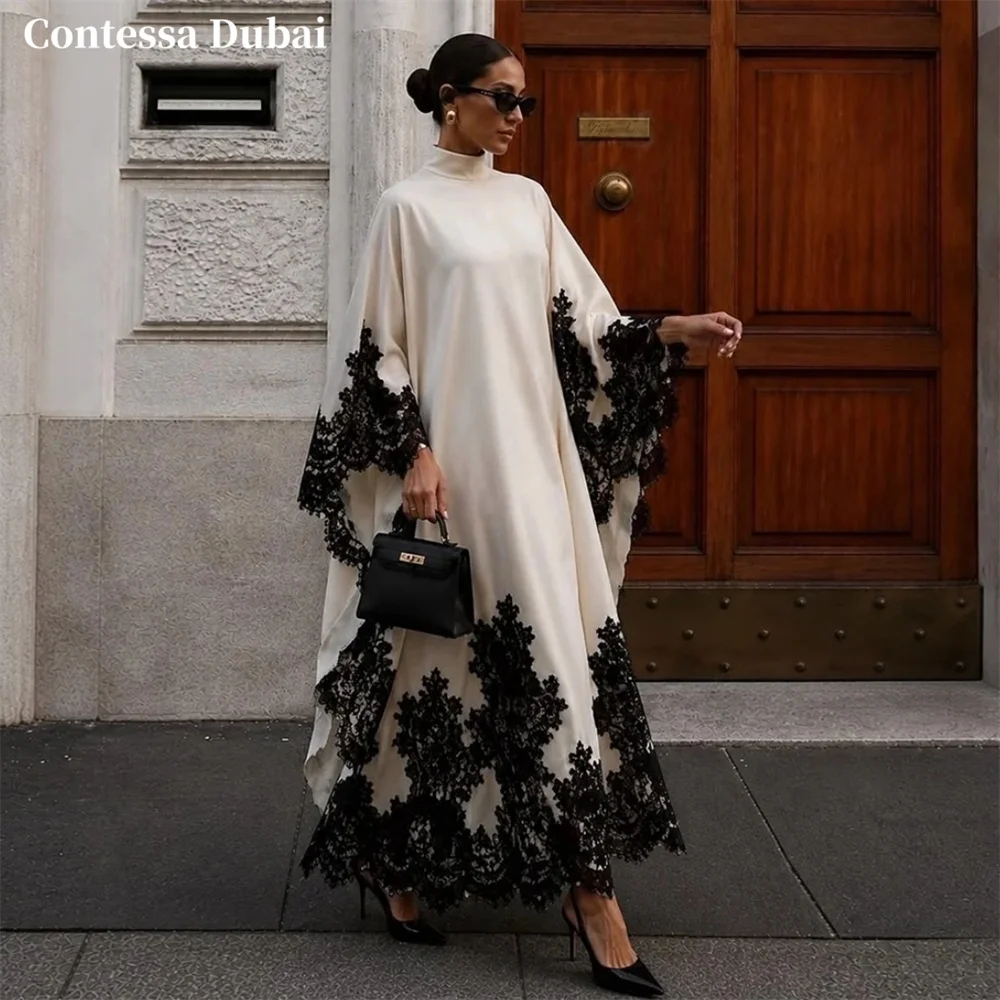Contessa Custom Off White 하이 넥 이브닝 드레스 꽃무늬 레이스 트림 댄스 파티 드레스 새틴 베스티도 드 노체 겸손한 공식 이브닝 드레스