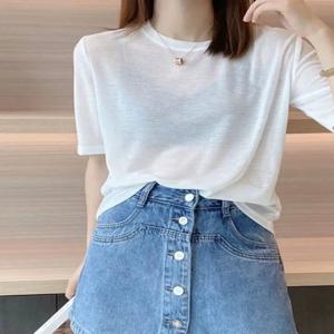 아이스 실크 반팔 티셔츠 여성 여름 루즈핏 얇은 라운드넥 캐주얼 반소매 단색 다용도 탑 포켓 손수건