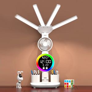 아이 케어 테이블 램프 디지털 시계 LED 조명 USB 3 색 책상 램프 터치 컨트롤 접이식 팬 독서 야간 조명