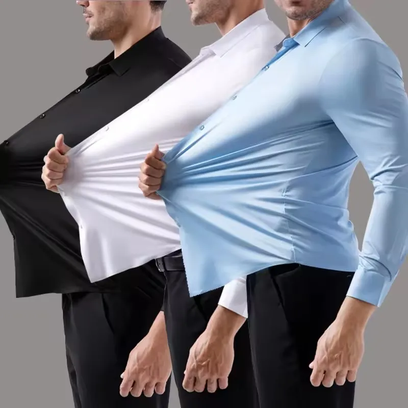 남성용 하이 스트레치 비즈니스 셔츠 긴팔 구김 방지 다림질 필요 없는 슬림핏 패션 캐주얼 사교 솔리드 포멀 오피스 화이트 셔츠