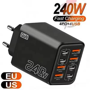 240W GaN USB C 충전기 8 in 1 고속 충전 휴대폰 충전기 전원 어댑터 (아이폰, 삼성, 샤오미 타입 C) EU/US 플러그 벽면 충전기