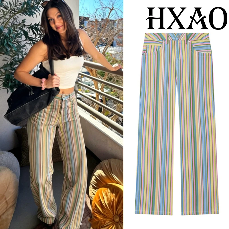 HXAO 2026 여성용 레인보우 스트라이프 배기 진 팬츠 Y2K 데님 와이드 레그 팬츠 화려한 카우보이 여름 팬츠 스트리트웨어