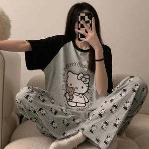 헬로 키티 2Pcs 카와이 잠옷 세트 여성 봄 가을 여름 티셔츠 바지 Loungewear Sweet Cute Girls Loose Nightwear