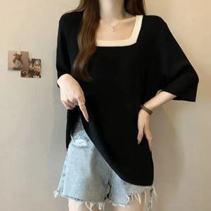 플러스 사이즈 여성용 봄 여름 신상 컬러 블록킹 루즈핏 캐주얼 만능 스퀘어넥 미디 기장 반팔 티셔츠