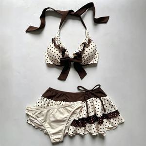 여름 여성 Y2K 레트로 비치 휴가 폴카 도트 프린트 배색 티어드 러플 주름 장식 드로스트링 미드 웨이스트 홀터넥 3피스 비키니