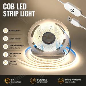5V USB COB LED 스트립 터치 디머 고밀도 도트리스 플렉시블 리니어 테이프 자가 접착 조명 (거울 캐비닛 DIY 장식용)