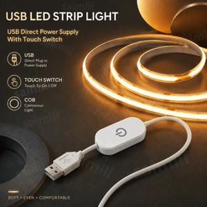 USB 고밀도 COB LED 스트립 터치 디머, 흐림 없음, 유연한 자가 접착식 선형 조명, 거울 TV 백라이트 DIY 장식용