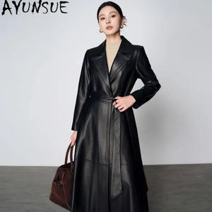 AYUNSUE 양가죽 여성 자켓 정품 가죽 롱 윈드 브레이커 자켓 가을 허리 조임 코트 여성 2026 Jaqueta De Couro