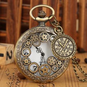 빈티지 골동품 구리 Steampunk 청동 중공 기어 석영 주머니 시계 목걸이 펜던트 시계 체인 남성 여성 액세서리